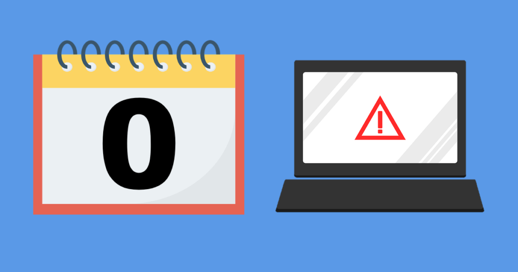 there are a calendar that shows a big zero and a laptop with an alert. the picture shows definition of zero-day attack.